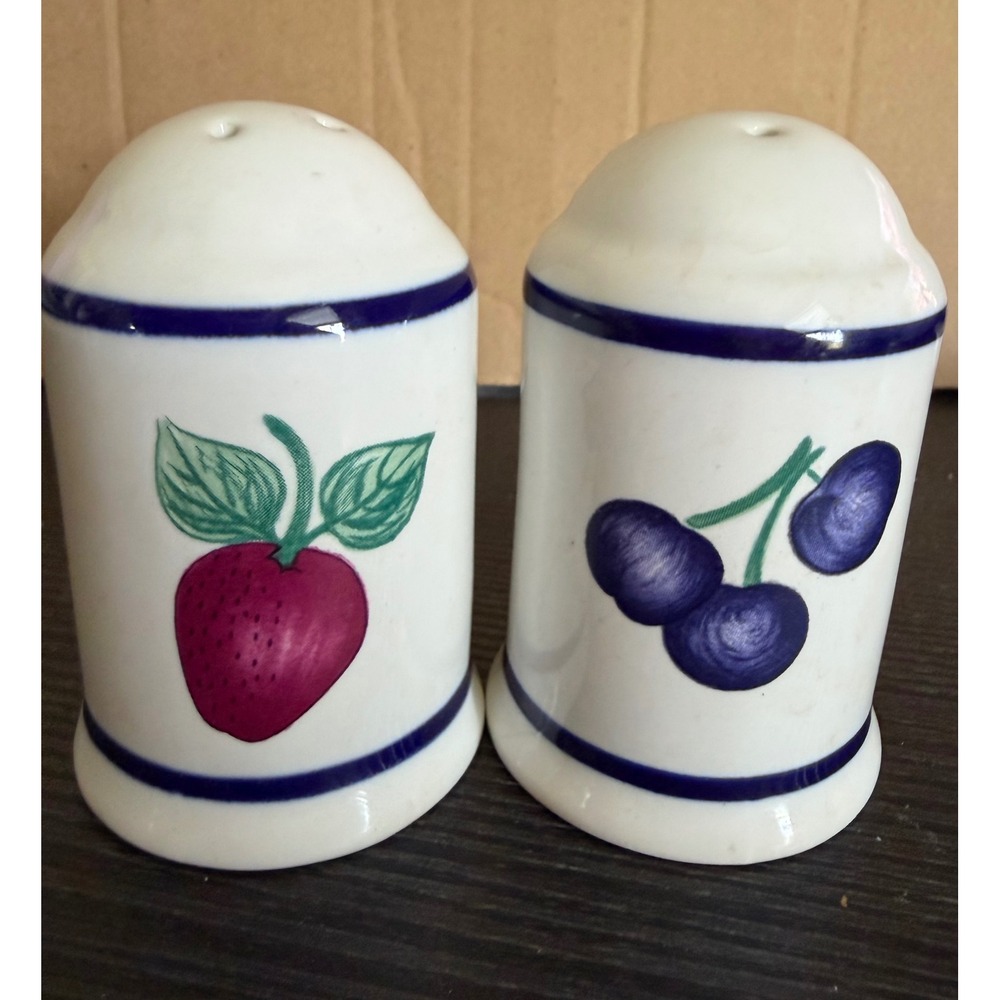 Vintage Fruit Ceramic Salt and Pepper Shakers Strawberry Cherry White Blue Trim